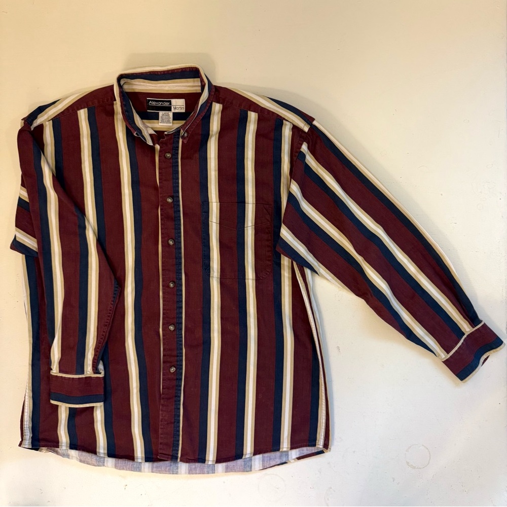 Burgundy with Blue, Tan, White Stripes  Button Down Shirt 90’s style
